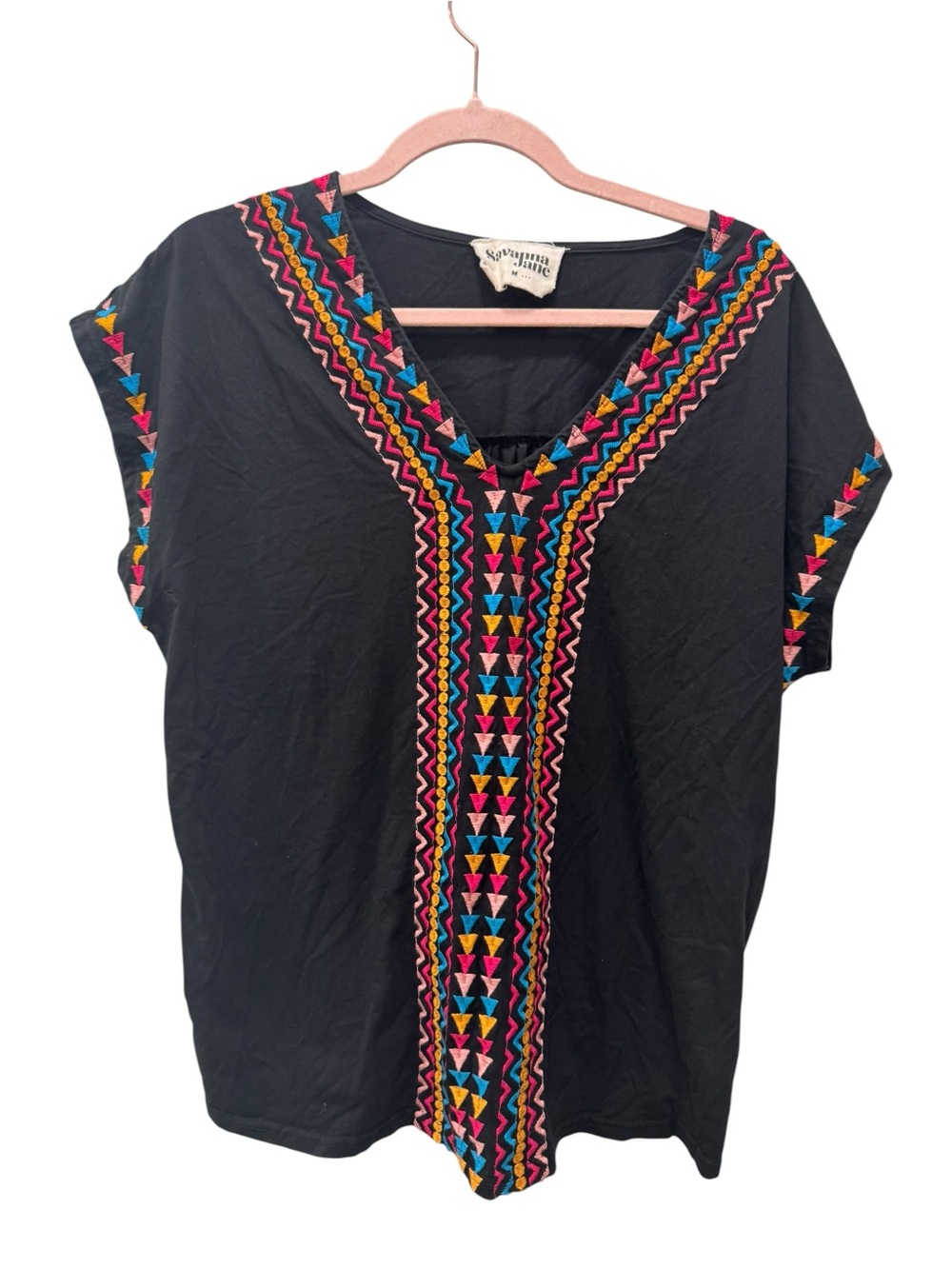 Savanna Jane Black Embroidered V-Neck Women’s Top. Size Medium